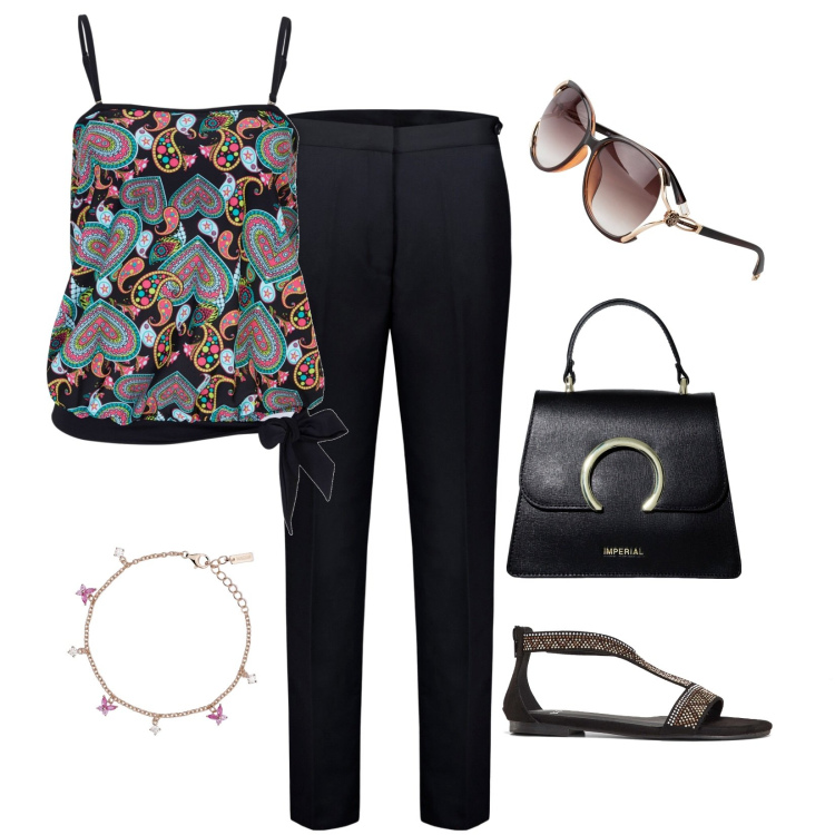 Outfit donna - Al lavoro in nero. Stile Casual chic per Ufficio. Abbinamento con occhiali da sole, top, sandali, braccialetti, borse a spalla, pantaloni.