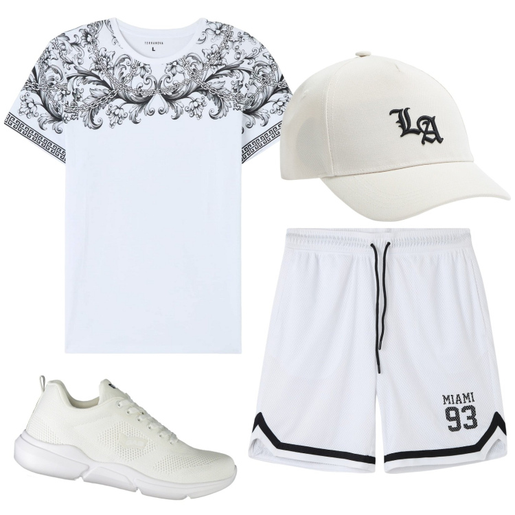 Outfit uomo - Total look #1946399. Stile Casual per Tutti i giorni. Abbinamento con t-shirt, cappelli, bermuda, sneakers.
