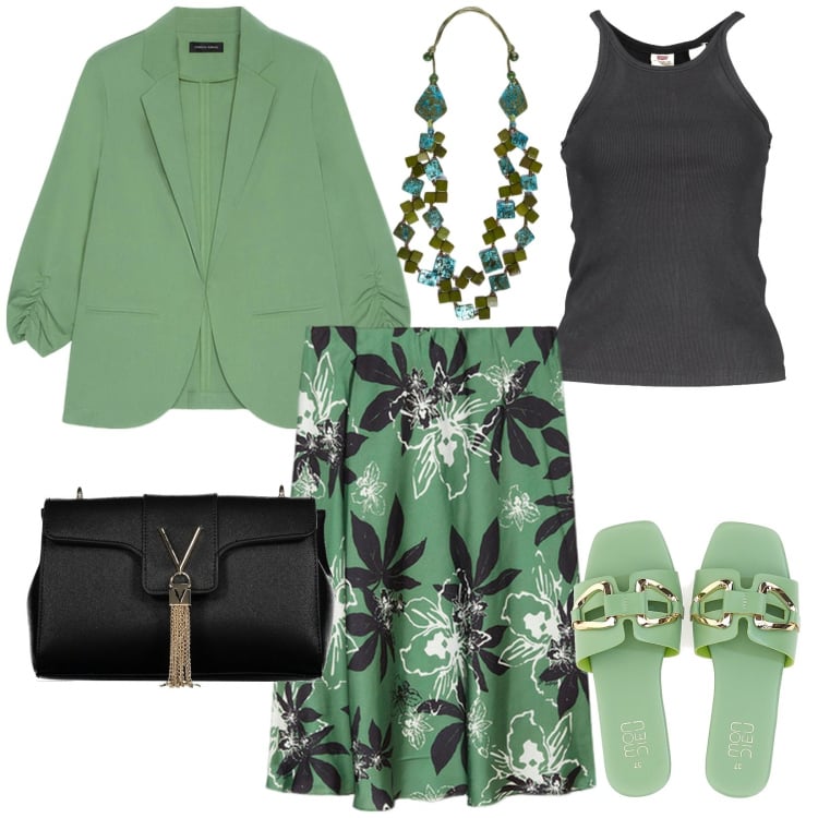 Outfit donna - Blazer leggero. Stile Casual chic per Ufficio. Abbinamento con ciabatte, gonne lunghe, blazer, camicie, borse a tracolla, collane.