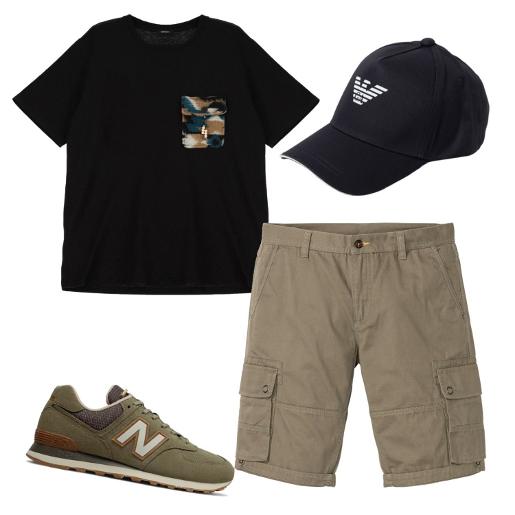 Outfit uomo - Un tocco camouflage. Stile Casual per Tutti i giorni. Abbinamento con bermuda, sneakers, t-shirt, cappelli.