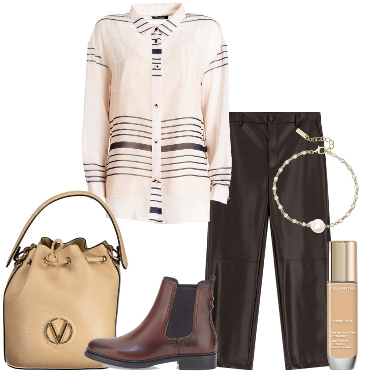 Outfit donna - Back to work. Stile Casual chic per Ufficio. Abbinamento con fondotinta, braccialetti, camicie, pantaloni, stivaletti, borse a spalla.