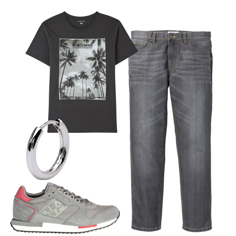 Outfit uomo - Total look #1946413. Stile Casual per Tutti i giorni. Abbinamento con jeans dritti, t-shirt, orecchini, scarpe sportive.