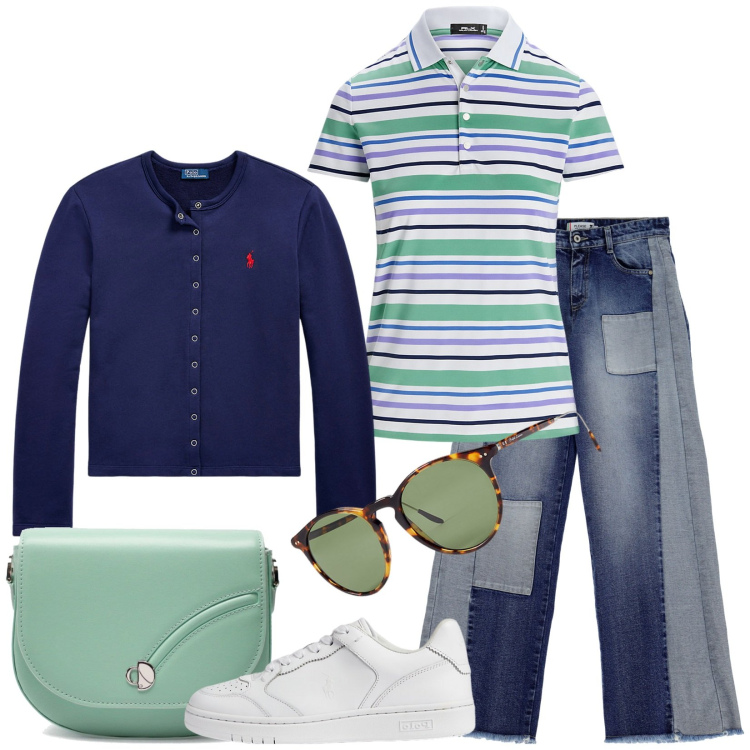 Outfit donna - Total look #1946428. Stile Casual per Scuola/Università. Abbinamento con jeans, cardigans, sneakers, polo, occhiali da sole, borse a tracolla.