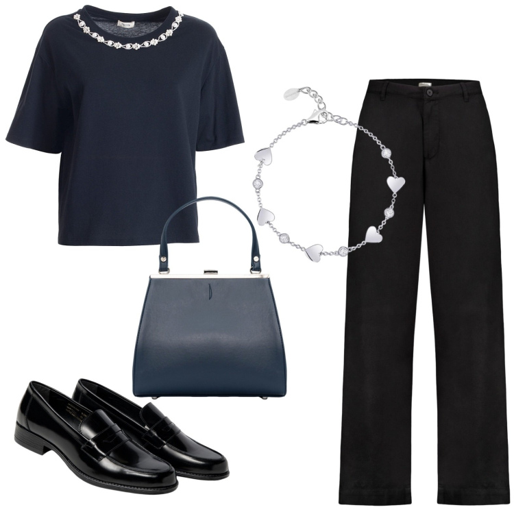 Outfit donna - La t-shirt gioiello. Stile Casual chic per Serata fuori. Abbinamento con braccialetti, t-shirt, clutch, mocassini, pantaloni.