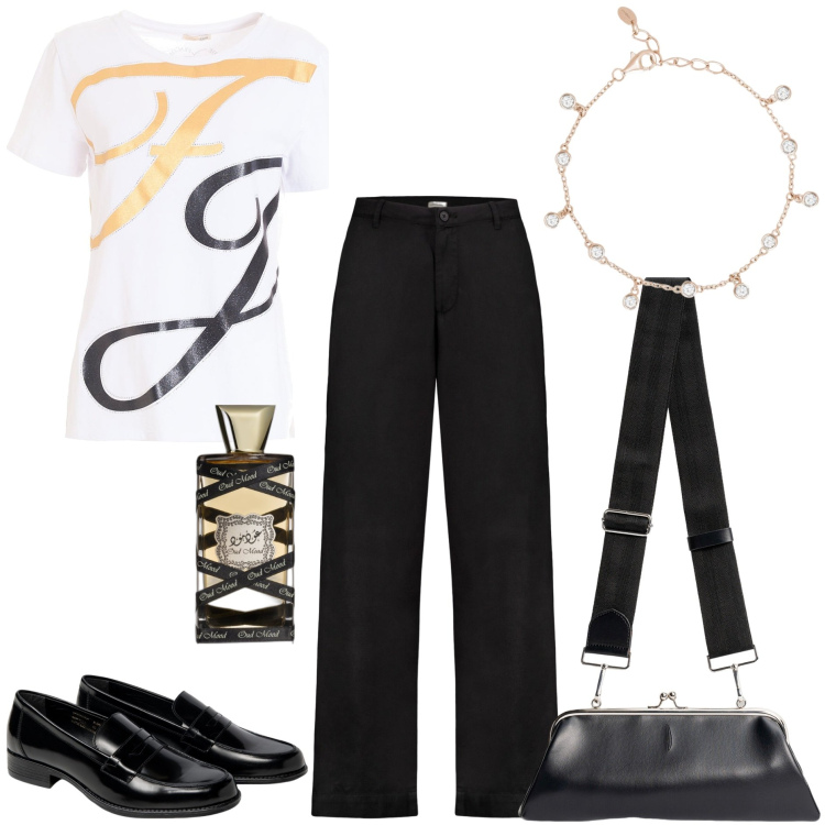 Outfit donna - Il tocco maschile. Stile Mannish per Ufficio. Abbinamento con profumi, braccialetti, t-shirt, pantaloni, mocassini, clutch.