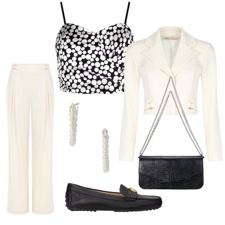 Outfit donna - Back to office - tailleur pantalone. Stile Casual chic per Cerimonia. Abbinamento con blazer, pantaloni a palazzo, top, mocassini, orecchini, borse a spalla.