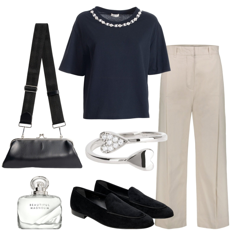 Outfit donna - Total look #1946462. Stile Casual chic per Tutti i giorni. Abbinamento con profumi, anelli, t-shirt, mocassini, pantaloni, clutch.