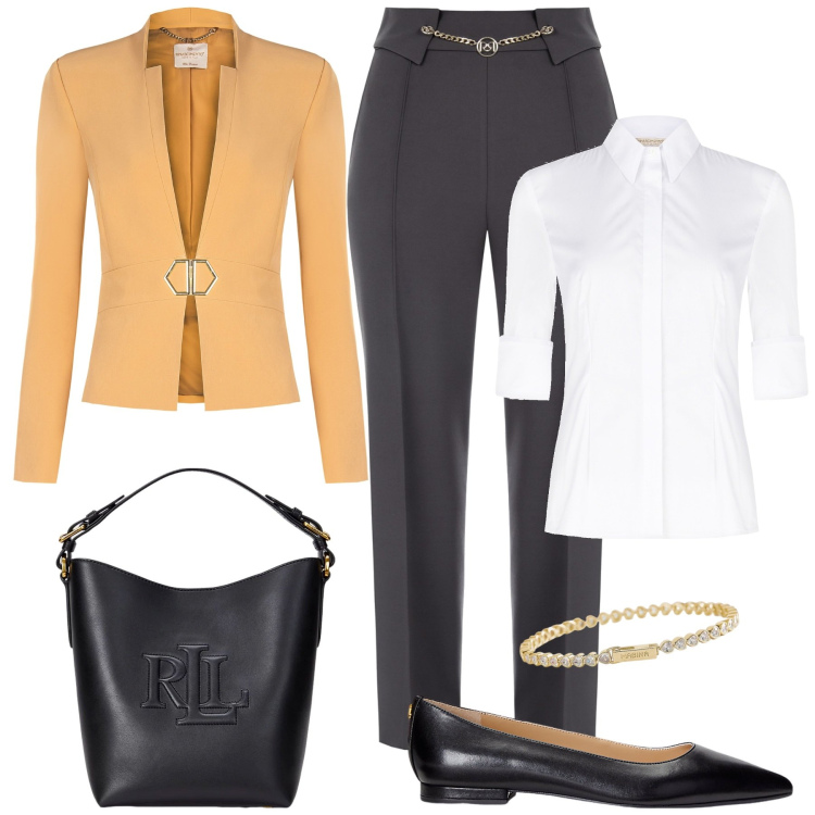 Outfit donna - In ufficio...Rinascimento. Stile Casual chic per Cerimonia. Abbinamento con braccialetti, pantaloni, blazer, camicie, ballerine, borse a secchiello.