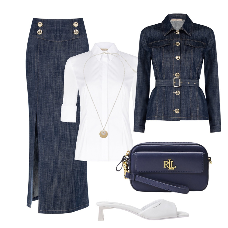 Outfit donna - Ufficio e cena post vacanze. Stile Glamour per Ufficio. Abbinamento con gonne lunghe, blazer, camicie, pochette, collane, pantofole.