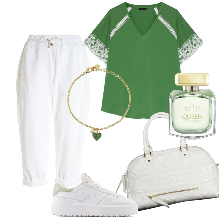 Outfit donna - Total look #1946482. Stile Casual per Tutti i giorni. Abbinamento con profumi, braccialetti con ciondoli, sneakers, pantaloni, t-shirt, borse a spalla.