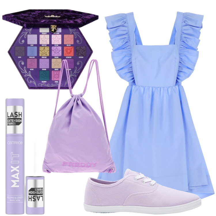 Outfit donna - Semplice bellissima. Stile Romantica per Tutti i giorni. Abbinamento con sneakers, mascara, ombretti, zaini, vestiti corti.