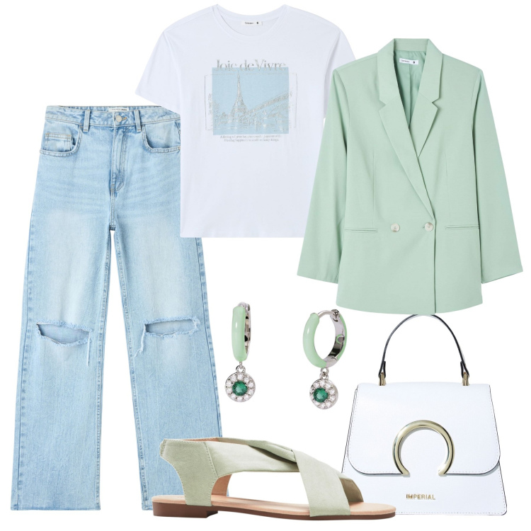Outfit donna - Colori pastello. Stile Trendy per Tutti i giorni. Abbinamento con sandali, jeans strappati, blazer, t-shirt, orecchini, borse a spalla.