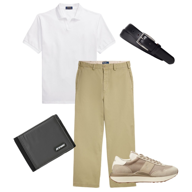 Outfit uomo - La polo bianca. Stile Casual per Tutti i giorni. Abbinamento con cinture, polo, sneakers, pantaloni, portafogli.
