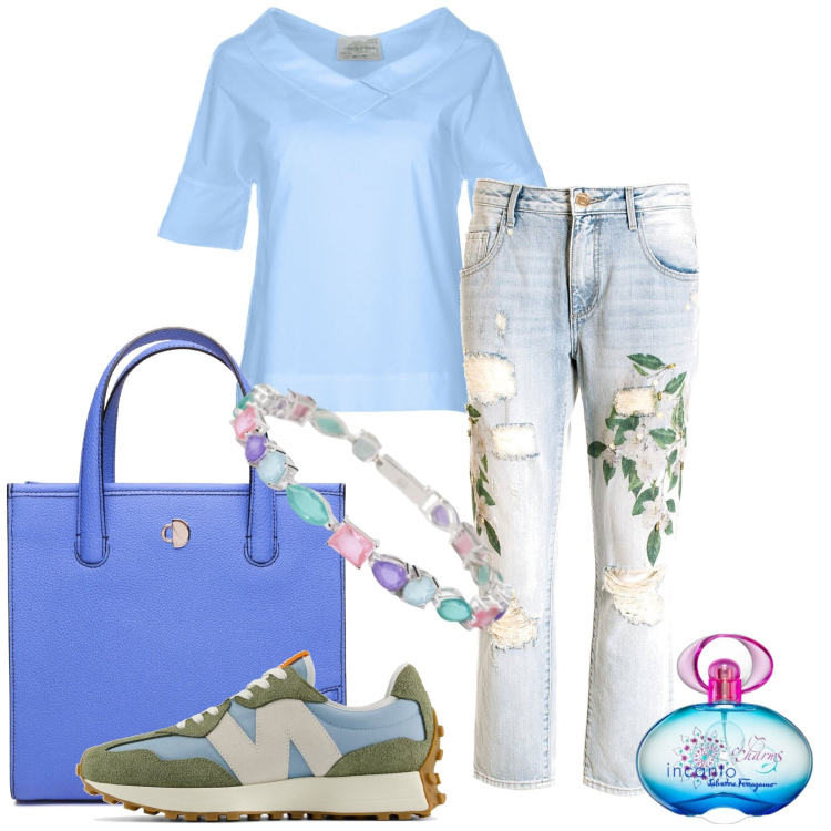 Outfit donna - Total look #1946499. Stile Casual per Tutti i giorni. Abbinamento con profumi, braccialetti, sneakers, jeans boyfriend, bluse, shopping bag.