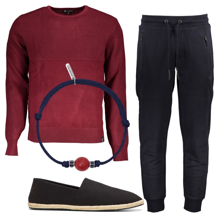 Outfit uomo - Il rosso e il nero. Stile Casual per Ufficio. Abbinamento con espadrillas, braccialetti, pantaloni, maglieria.