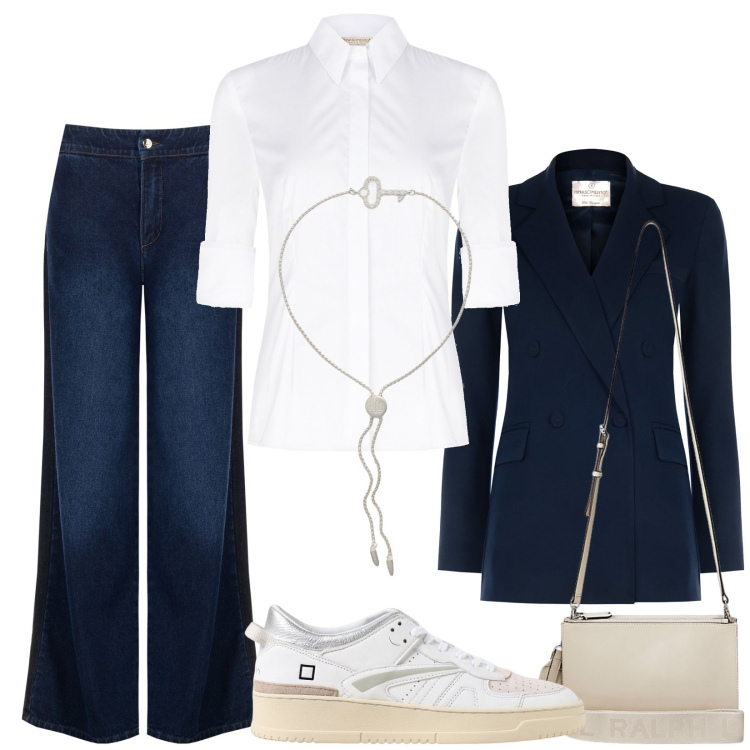 Outfit donna - Back to office. Stile Casual chic per Cerimonia. Abbinamento con blazer, jeans, camicie, braccialetti, borse a tracolla, sneakers.