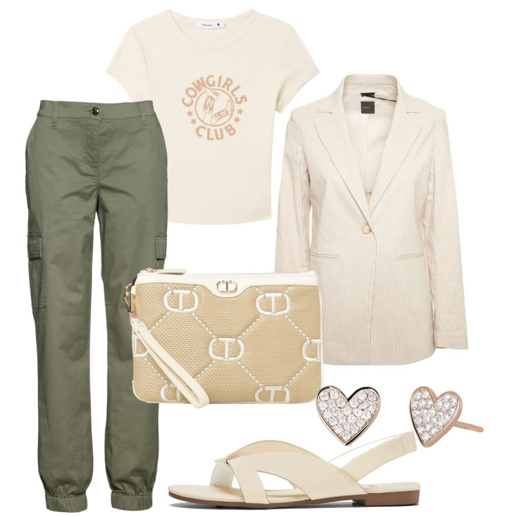Outfit donna - My day. Stile Casual chic per Tutti i giorni. Abbinamento con pantaloni cargo, sandali, t-shirt, orecchini, blazer, clutch.