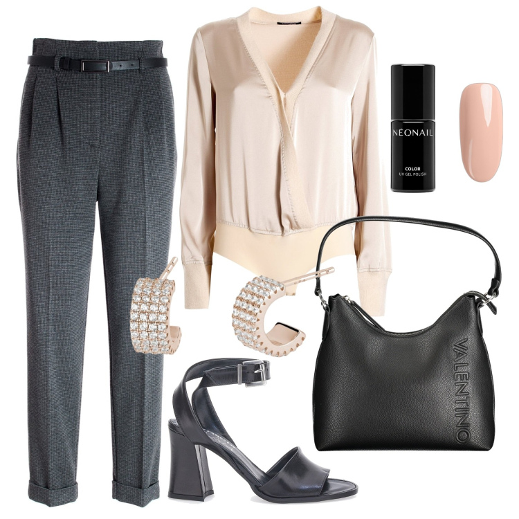 Outfit donna - Must have di settembre. Stile Chic per Ufficio. Abbinamento con smalti, orecchini, bluse, pantaloni, sandali in pelle, borse a spalla.