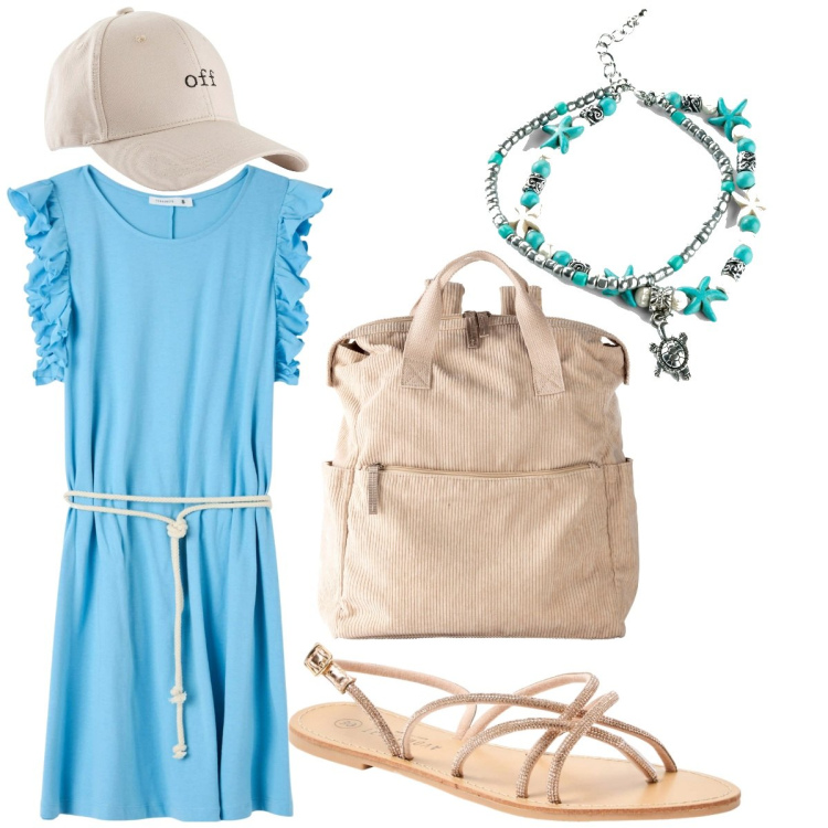 Outfit donna - Contro il caldo. Stile Casual chic per Tutti i giorni. Abbinamento con zaini, cappelli con visiera, collane, sandali, vestiti.