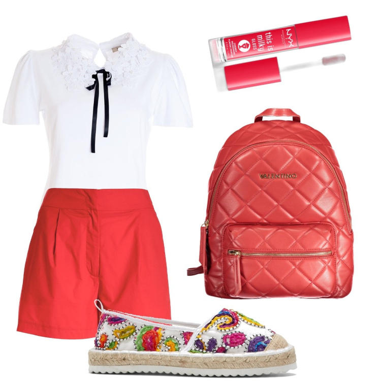 Outfit donna - Scarpe colorate. Stile Casual chic per Scuola/Università. Abbinamento con espadrillas, gloss, t-shirt, pantaloni corti, zaini.
