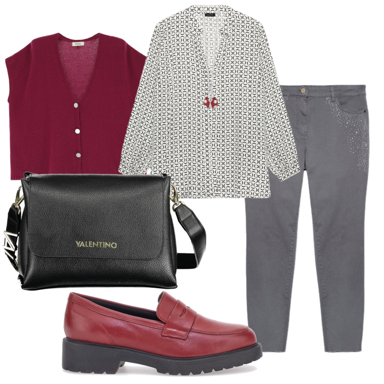 Outfit donna - Un tocco di rosso portafortuna. Stile Casual chic per Tutti i giorni. Abbinamento con collane, gilet, mocassini, bluse, jeans skinny, borse a spalla.