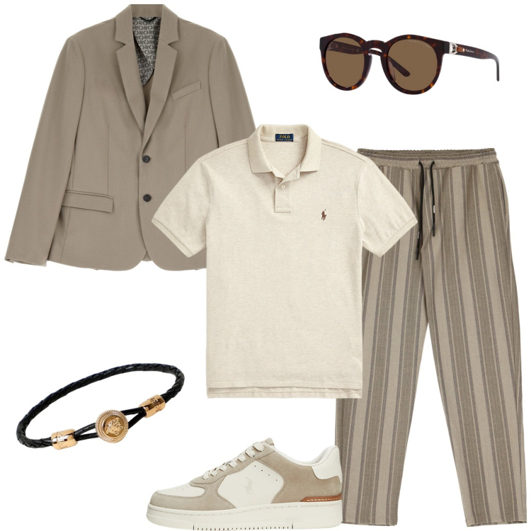 Outfit uomo - Andando a piedi in ufficio. Stile Casual per Ufficio. Abbinamento con pantaloni, giacche, sneakers, occhiali da sole, polo, braccialetti.