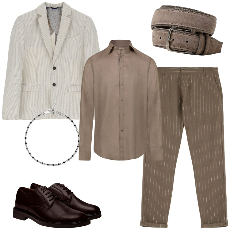 Outfit uomo - Una riunione informale in ufficio. Stile Casual per Ufficio. Abbinamento con braccialetti, giacche, pantaloni, scarpe stringate, camicie, cinture.