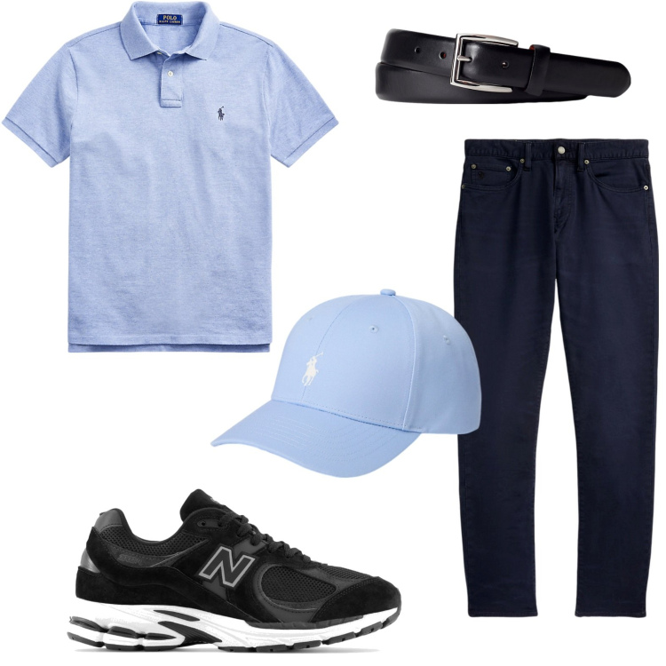Outfit uomo - La polo azzurra. Stile Trendy per Tutti i giorni. Abbinamento con sneakers, polo, cappelli, cinture, pantaloni chino.