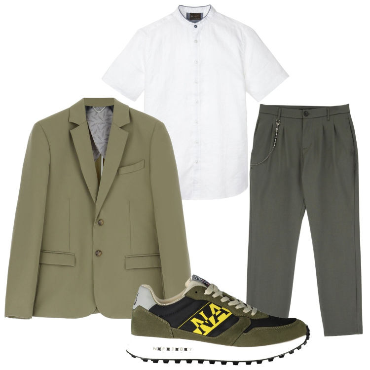 Outfit uomo - Verde foresta. Stile Casual per Ufficio. Abbinamento con camicie a manica corta, pantaloni, giacche, sneakers.