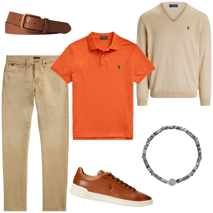 Outfit uomo - Il sole sulla polo. Stile Casual per Tutti i giorni. Abbinamento con braccialetti, jeans, cinture, sneakers, maglieria, polo.
