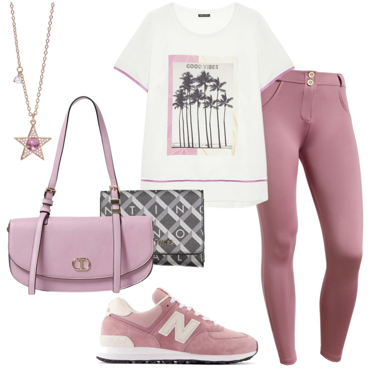 Outfit donna - Total look #1946576. Stile Casual per Tutti i giorni. Abbinamento con collane, sneakers, pantaloni skinny, borse a spalla, t-shirt, portafogli.