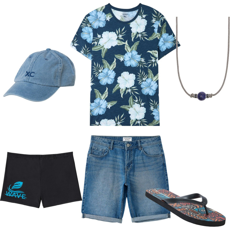 Outfit uomo - Al mare. Stile Casual per Mare. Abbinamento con costumi, t-shirt, sandali, bermuda, collane, cappelli.