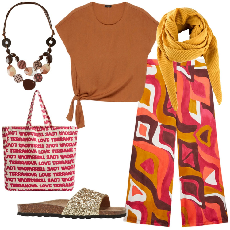 Outfit donna - Total look #1946580. Stile Casual per Tutti i giorni. Abbinamento con foulard, ciabatte, borse tote, pantaloni a palazzo, bluse, collane.