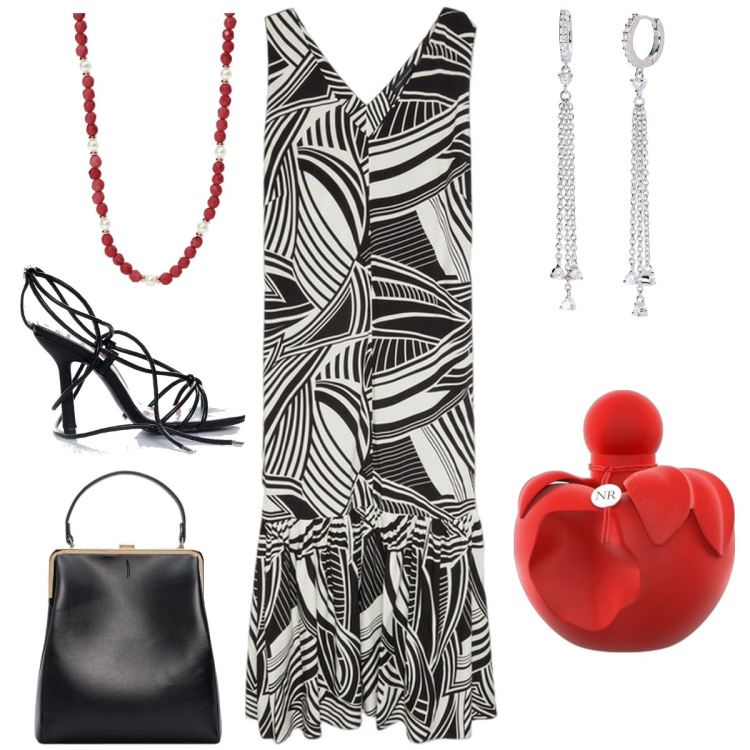 Outfit donna - Total look #1946582. Stile Chic per Serata fuori. Abbinamento con profumi, orecchini, collane, sandali alla schiava, vestiti lunghi, borse a spalla.