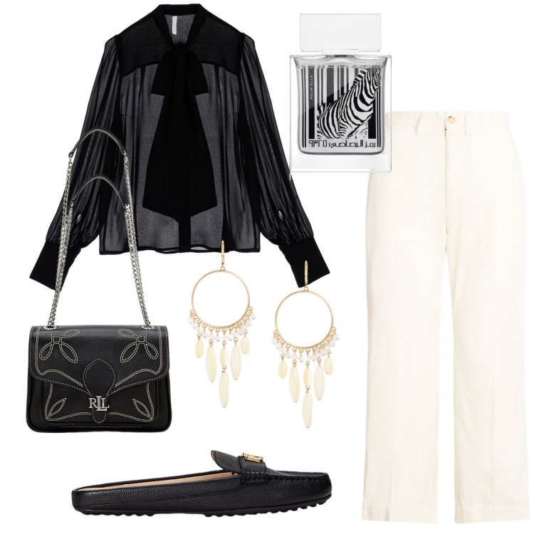 Outfit donna - Total look #1946587. Stile Casual chic per Tutti i giorni. Abbinamento con profumi, camicie, borse a spalla, sabot, orecchini, pantaloni.