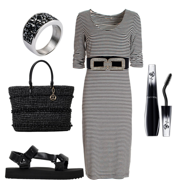 Outfit donna - Total look #1946594. Stile Casual per Tutti i giorni. Abbinamento con anelli, mascara, cinture, vestiti midi/longuette, borse a spalla, sandali in pelle.