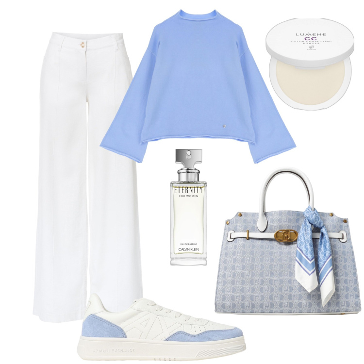 Outfit donna - Basica con la borsa protagonista !. Stile Minimal per Tutti i giorni. Abbinamento con pantaloni a palazzo, ciprie, profumi, pullovers, borse tote, sneakers.