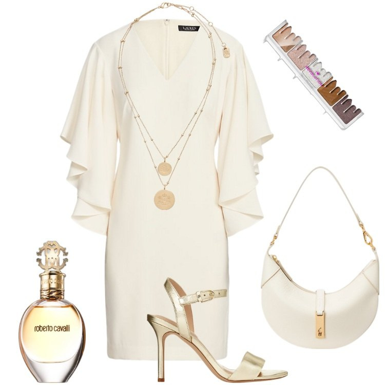 Outfit donna - Cioccolato Bianco & Vaniglia. Stile Glamour per Cerimonia. Abbinamento con profumi, ombretti, ciondoli, borse a spalla, sandali in pelle, vestiti.