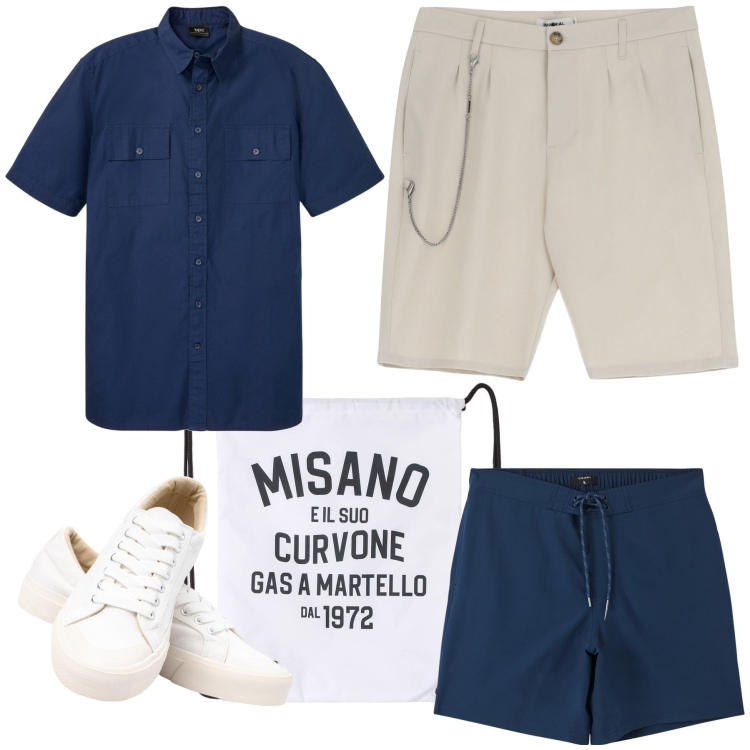 Outfit uomo - Mare e aperitivo. Stile Casual per Mare. Abbinamento con camicie a manica corta, borse sportive, costumi, bermuda, sneakers.