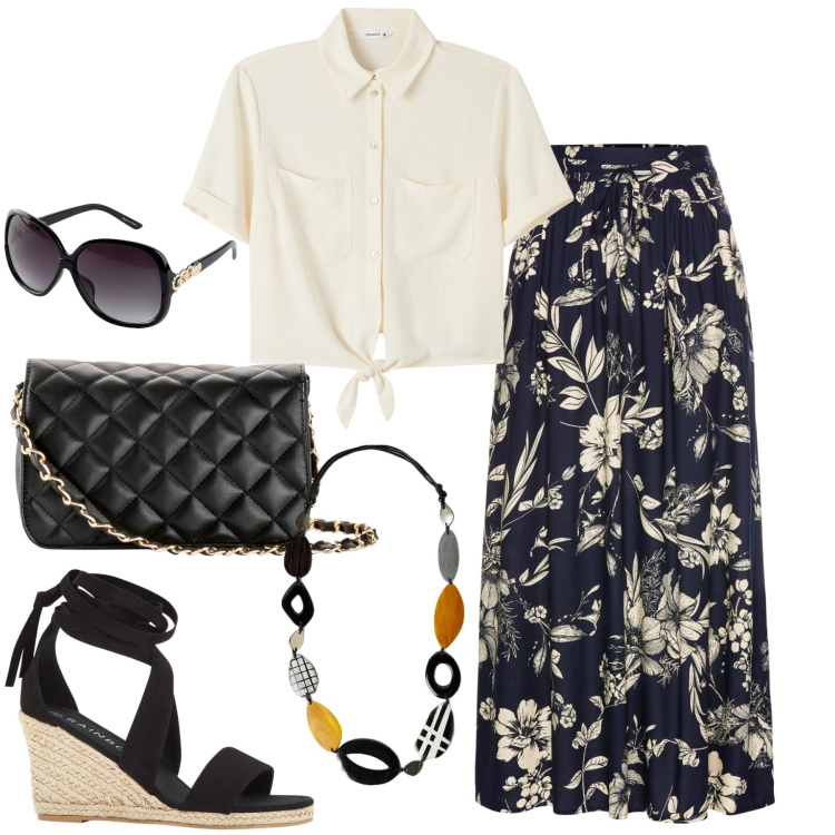 Outfit donna - Back to city. Stile Casual chic per Tutti i giorni. Abbinamento con gonne lunghe, occhiali da sole, borse a tracolla, sandali, camicie a manica corta, collane.