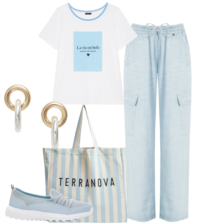 Outfit donna - City. Stile Basic per Tutti i giorni. Abbinamento con sneakers, borse tote, pantaloni cargo, orecchini, t-shirt.