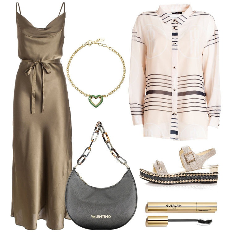 Outfit donna - La camicia sopra il vestito. Stile Casual chic per Serata fuori. Abbinamento con mascara, braccialetti, vestiti lunghi, camicie, sandali, borse a spalla.