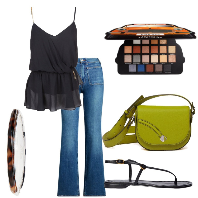 Outfit donna - Total look estivo. Stile Preppy per Tutti i giorni. Abbinamento con ombretti, top, sandali in pelle, braccialetti, jeans bootcut, borse a tracolla.