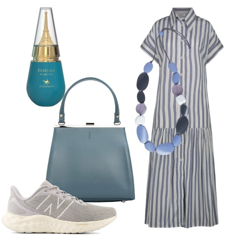 Outfit donna - I must-have di fine estate. Stile Trendy per Tutti i giorni. Abbinamento con profumi, sneakers, vestiti chemisier, collane, clutch.