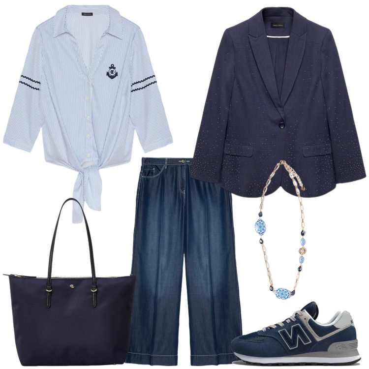 Outfit donna - Casual chic curvy. Stile Casual chic per Tutti i giorni. Abbinamento con sneakers, borse tote, pantaloni, camicie, blazer, ciondoli.