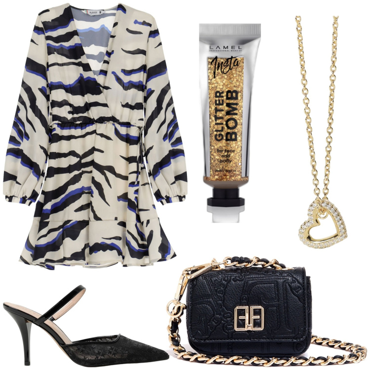 Outfit donna - Cena con glitter. Stile Trendy per Serata fuori. Abbinamento con ombretti, collane, marsupi, vestiti corti, scarpe col tacco.