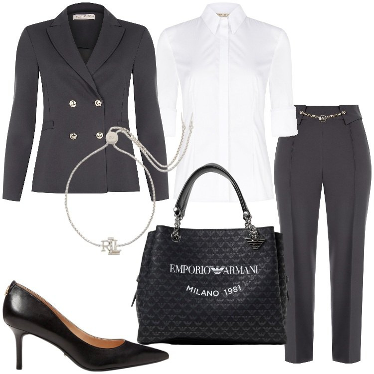 Outfit donna - Rinascimento - Back to office. Stile Chic per Ufficio. Abbinamento con pantaloni, blazer, camicie, braccialetti, décolleté, borse a mano.