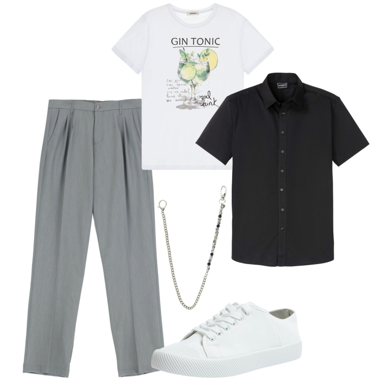 Outfit uomo - I pantaloni con le pinces. Stile Trendy per Tutti i giorni. Abbinamento con camicie a manica corta, collane, t-shirt, pantaloni, sneakers.