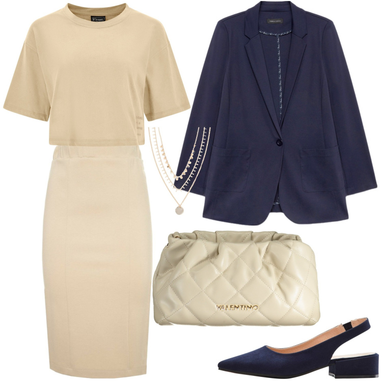 Outfit donna - Primi giorni in ufficio. Stile Trendy per Ufficio. Abbinamento con collane, décolleté, t-shirt, gonne, blazer, borse a spalla.