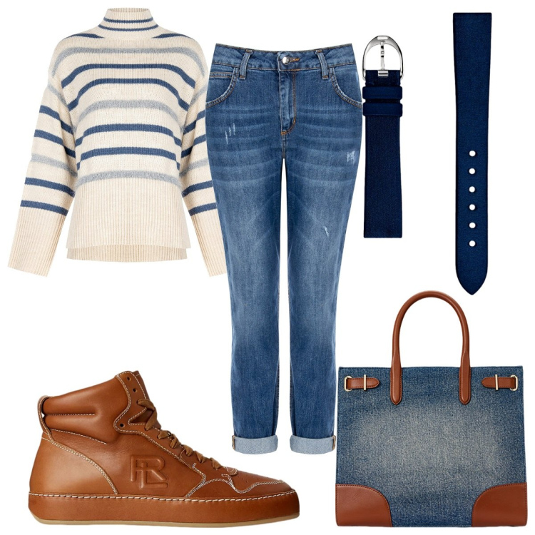 Outfit donna - Rinascimento - ufficio in jeans. Stile Casual per Ufficio. Abbinamento con maglieria, jeans skinny, orologi, sneakers, borse tote.